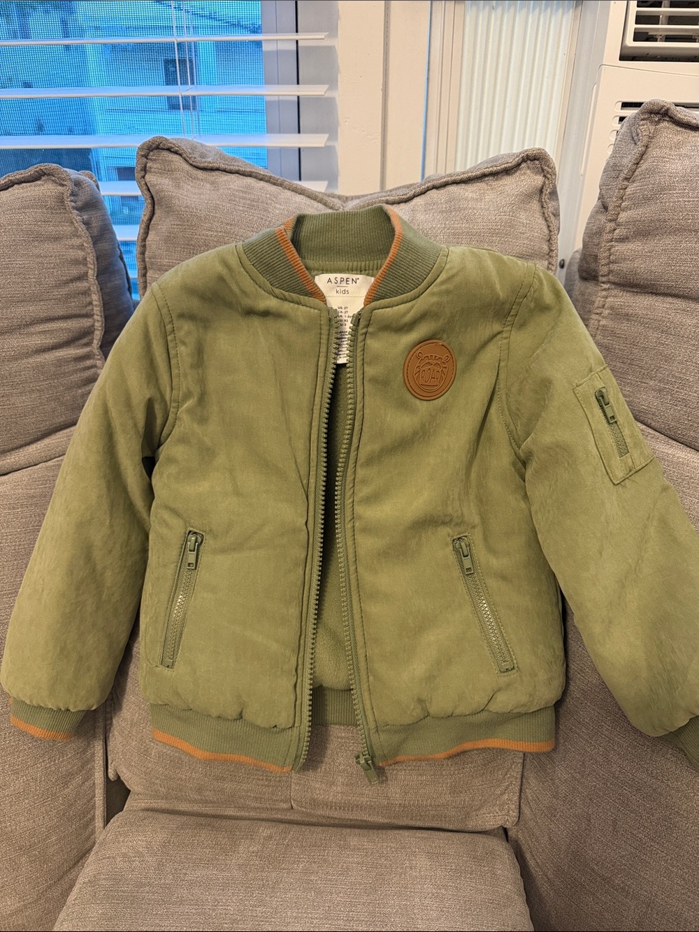 Baby Aspen Olive Green Puffer Bomber Jacket with Tan Trim
